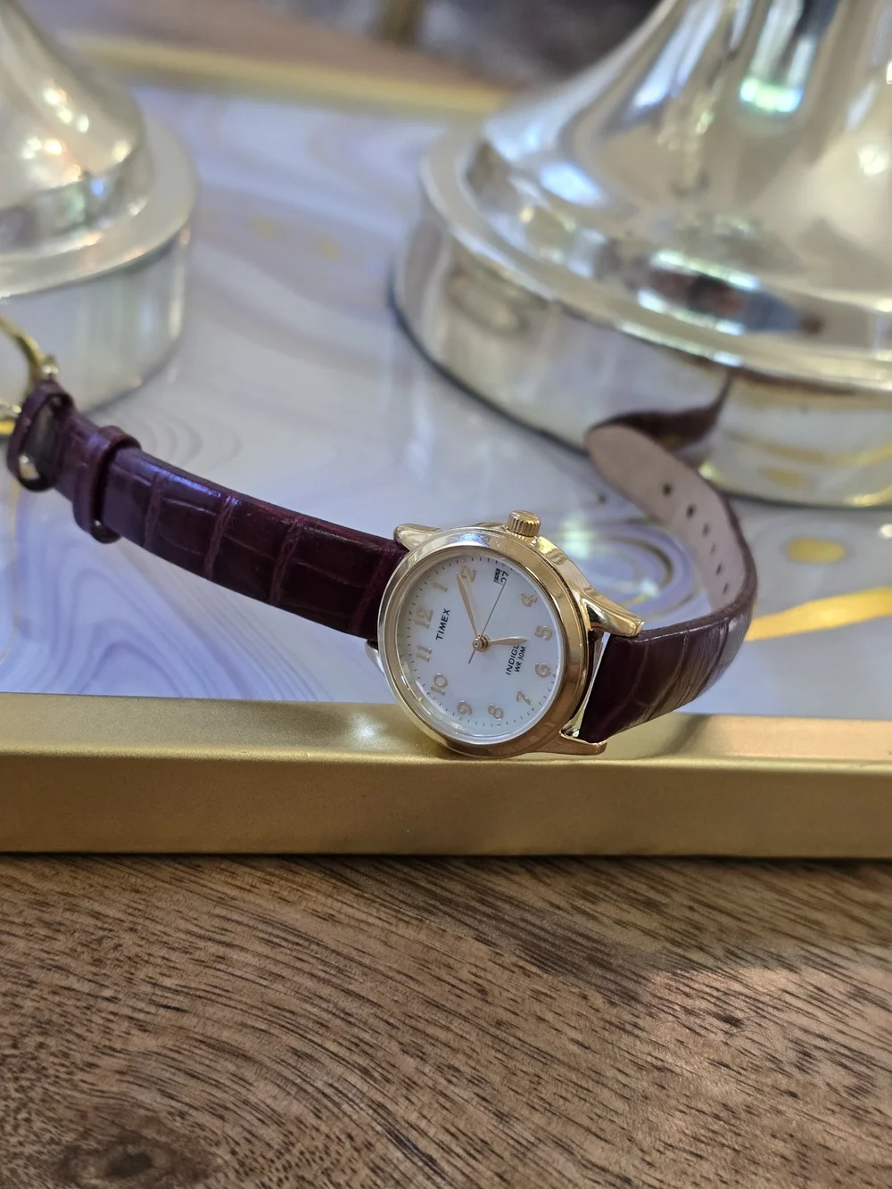 Timex Women's Gold Case Watch with Burgundy Leather Strap